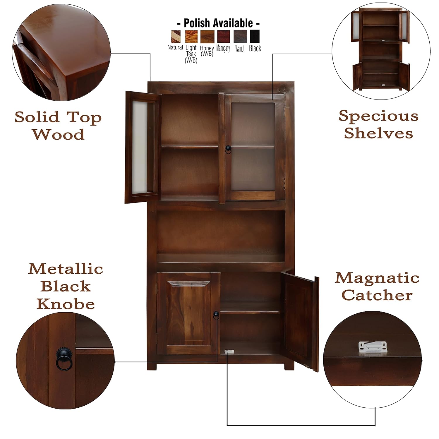 Zentra Sheesham Wood Crockery Cabinet with Glass Door - Natural Finish