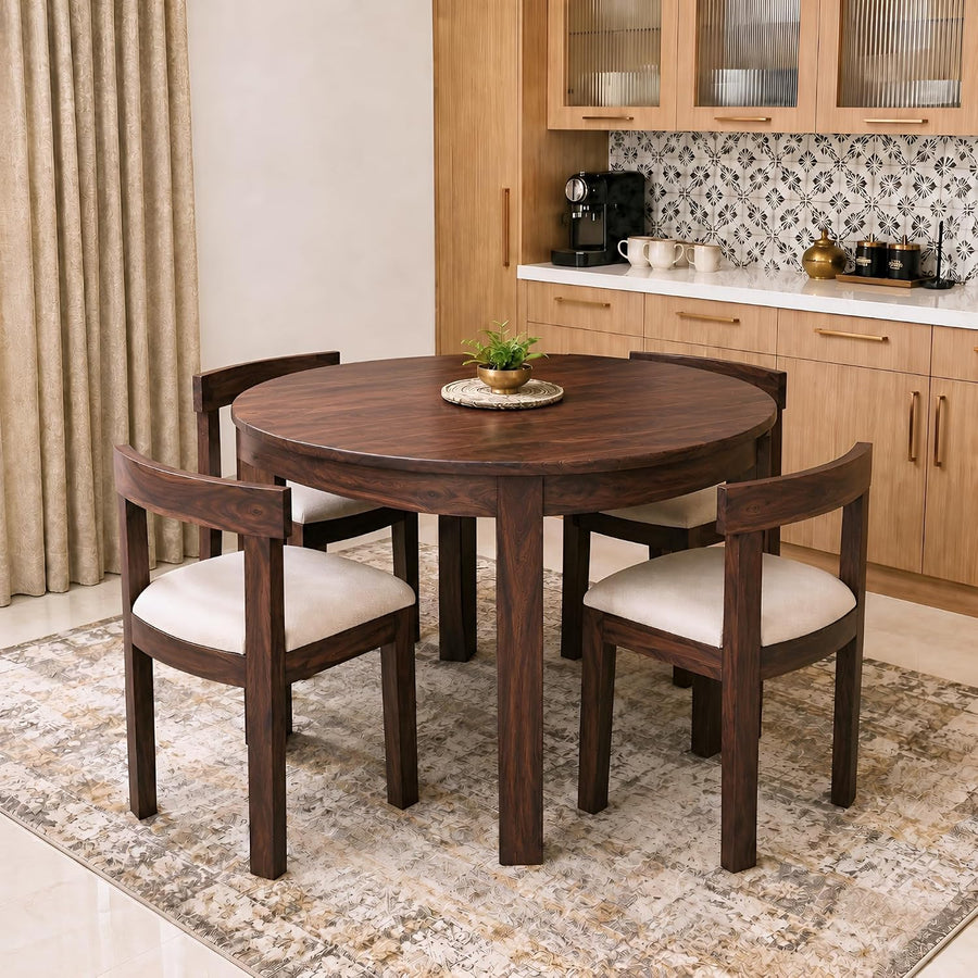 Cero Sheesham Wood Round 4 Seater Dining Table Set - Walnut Finish