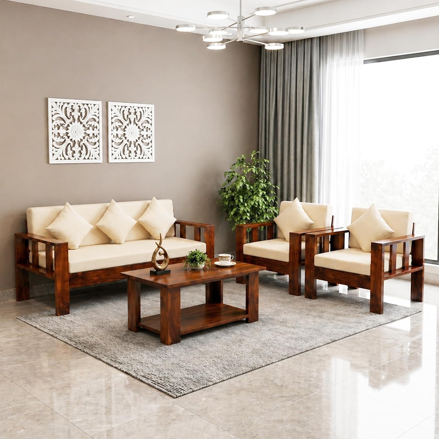 Natraj 5 Seater With Coffee Table Solid Sheesham Wood Sofa Set for Living Room - Natural Finish