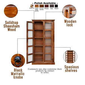 Vista Solid Wood Bookshelf With Glass Door Office & Living Room - Natural Finish