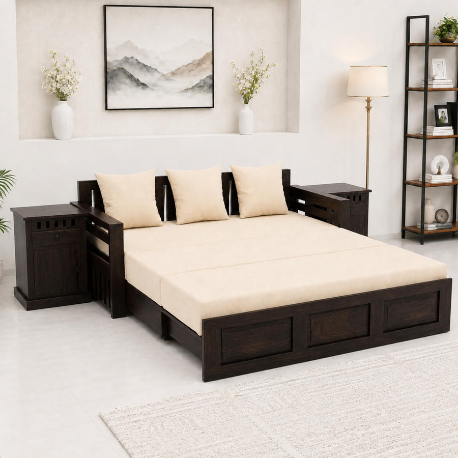Regal With Bedside Solid Sheesham Wood Sofa Cum Bed - Walnut Finish