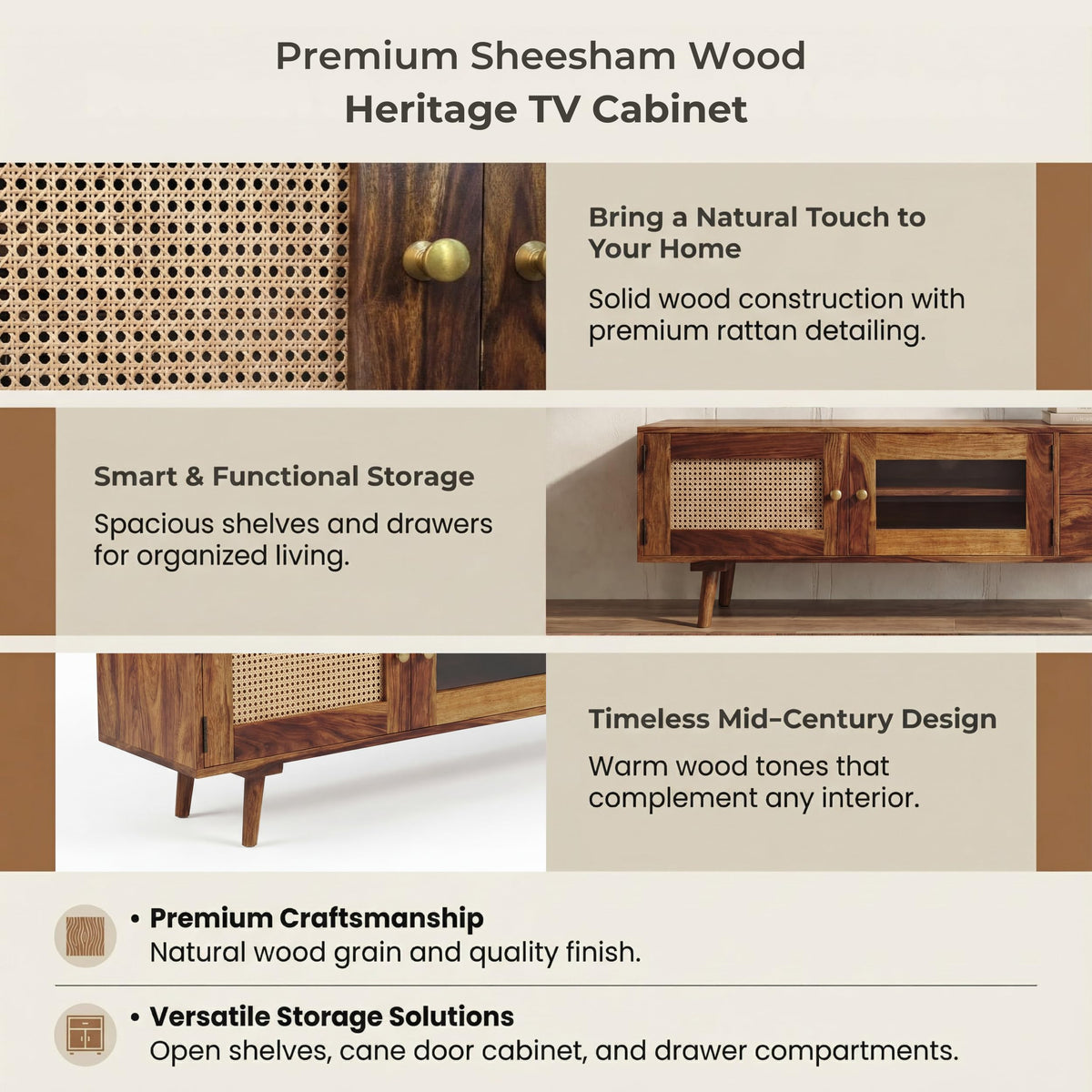 Heritage Solid Sheesham Wood TV Unit for Living Room in natural finish - open shelf close-up