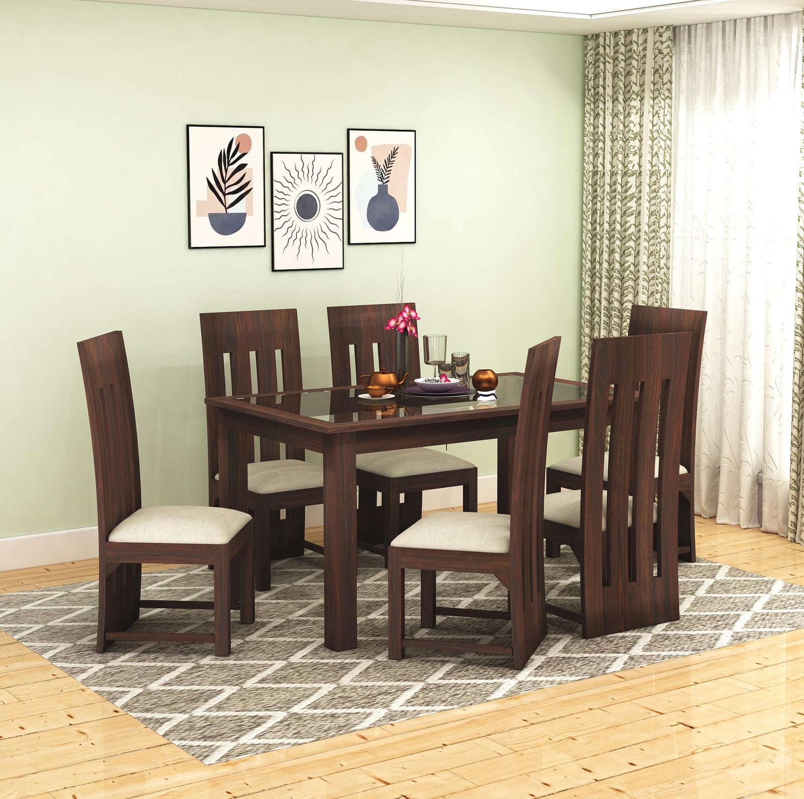Poster Sheesham Wood Dining Table 6 Seater Dining Table Set with 6 Cushion Chairs & Glass Top - Walnut Finish
