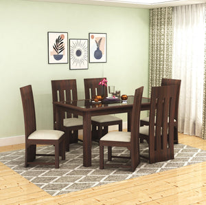 Poster Sheesham Wood Dining Table 6 Seater Dining Table Set with 6 Cushion Chairs & Glass Top - Walnut Finish
