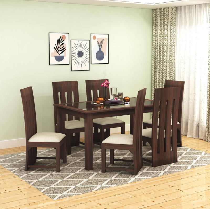 Poster Sheesham Wood Dining Table 6 Seater Dining Table Set with 6 Cushion Chairs & Glass Top - Walnut Finish