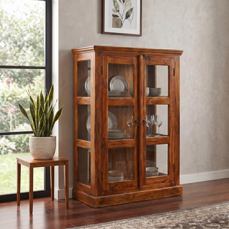 Mini 20 Glass Solid Sheesham Wood Book Shelf for Home Library - Natural Finish