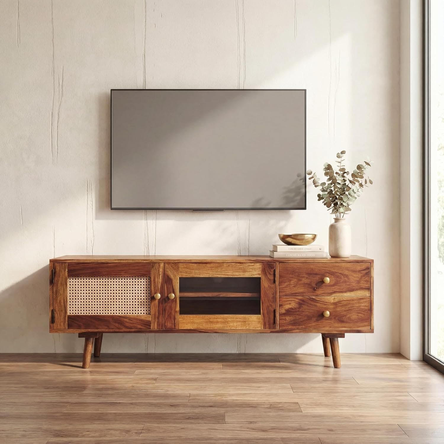 Heritage Sheesham Wood TV Unit for Living Room | Solid Wood TV Cabinet for Bedroom Natural