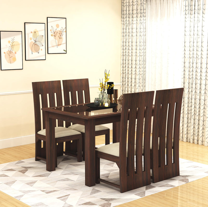 Poster Solid Sheesham Wood Dining Table 4 Seater Dining Table Set with 4 Cushion Chairs & Glass Top - Walnut Finish