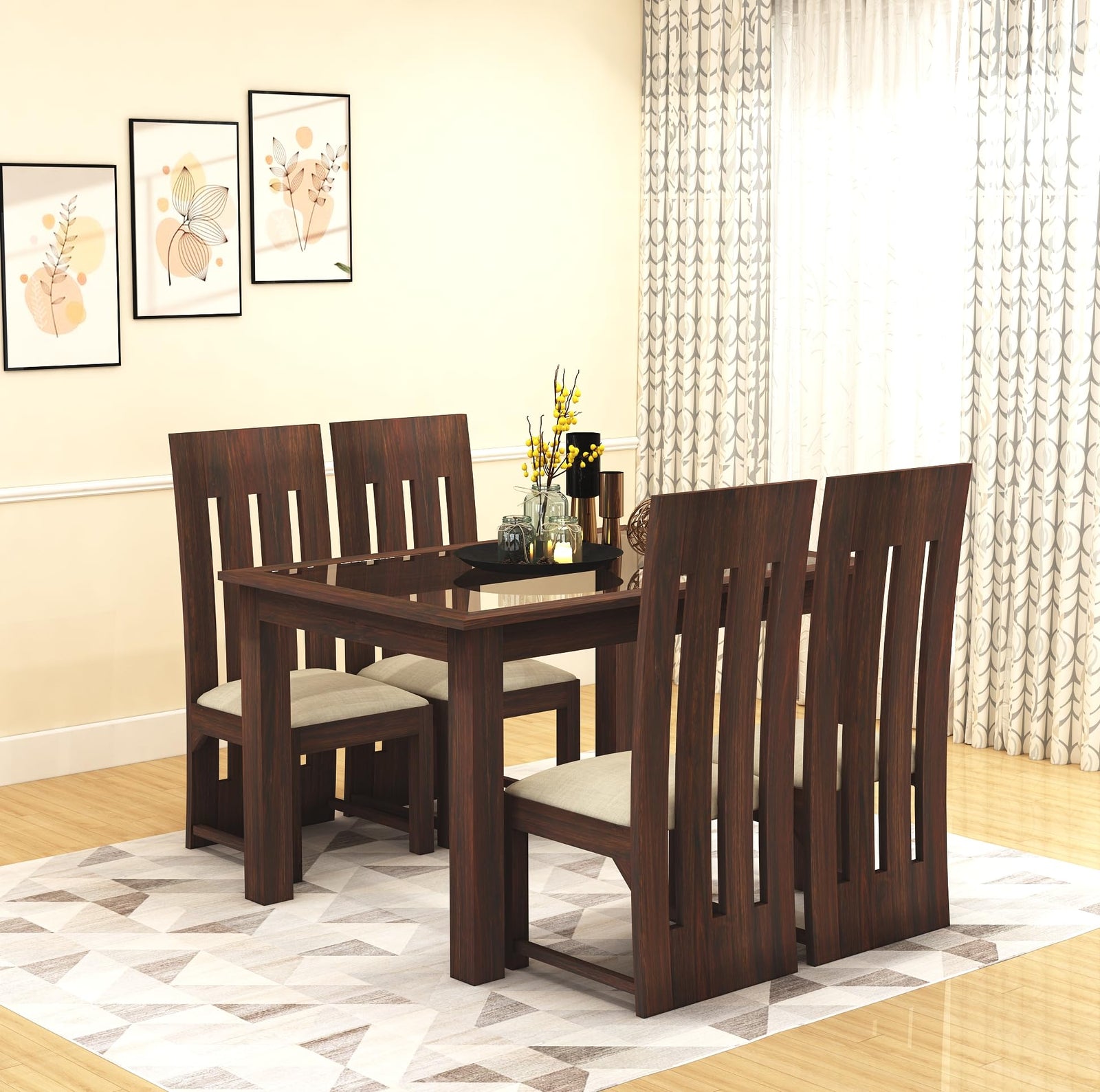 Solid Sheesham Wood Dining Table 4 Seater Dining Table Set with 4 Cushion Chairs & Glass Top Walnut Finish
