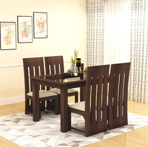 Solid Sheesham Wood Dining Table 4 Seater Dining Table Set with 4 Cushion Chairs & Glass Top Walnut Finish