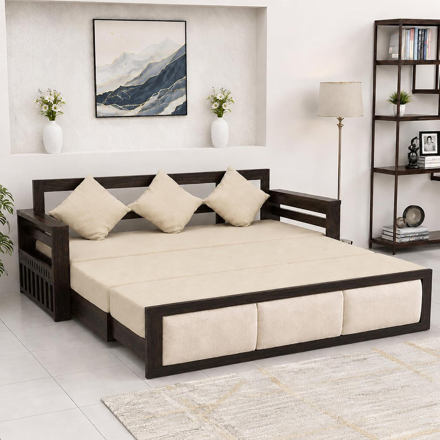 Zeus Solid Sheesham Wood Sofa Cum Bed - Natural Finish