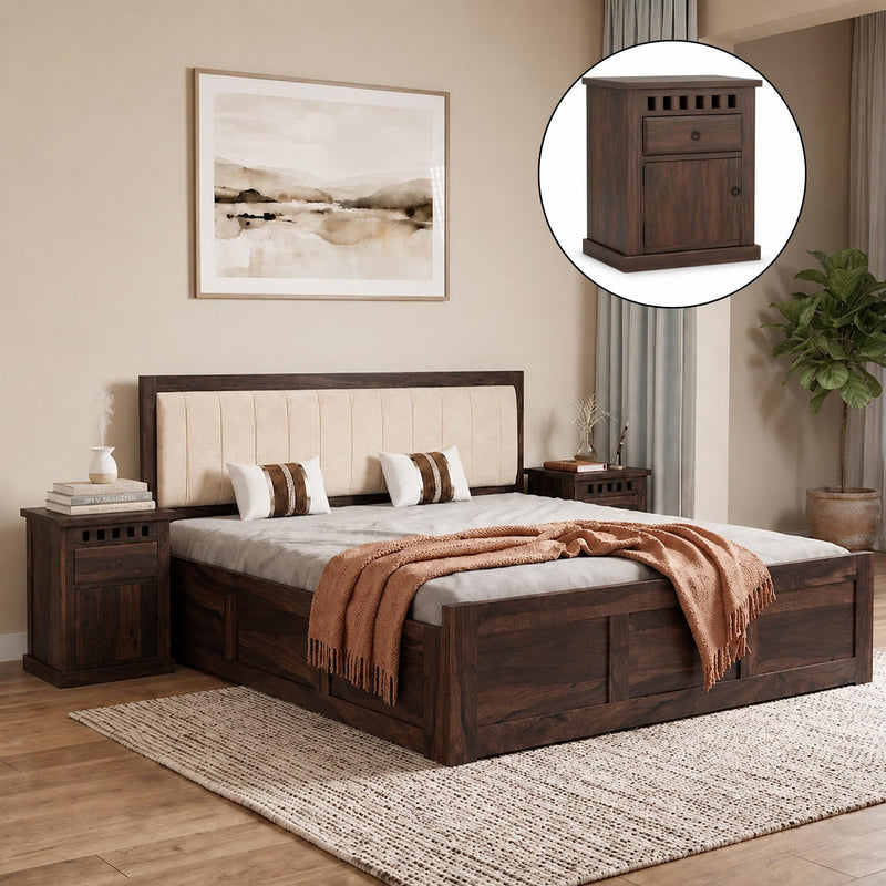 Veronica Solid Sheesham Wood King Size Bed with Box Storage & 2 Bedside Tables - Walnut Finish