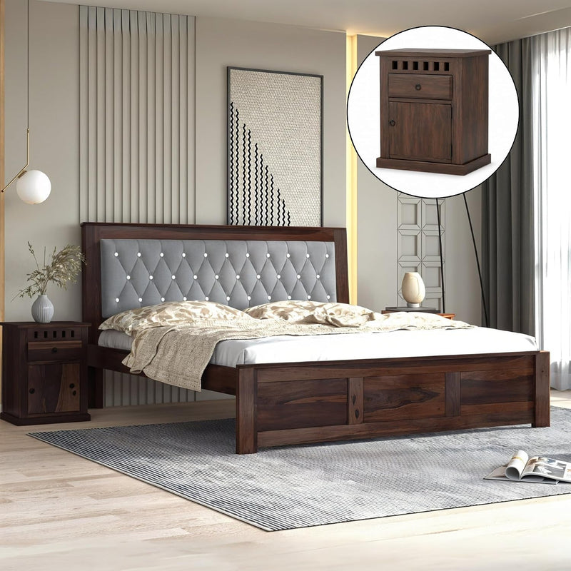 Zeus Solid Sheesham Wood King Size Bed without Storage & 2 Bedside Tables - Walnut Finish