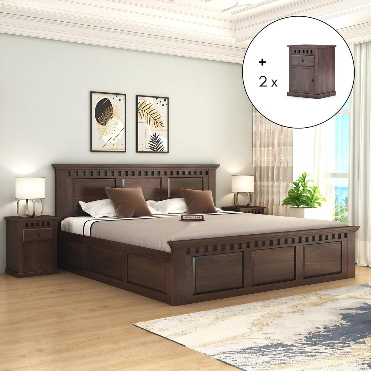 Kuber Solid Sheesham Wood Queen Size Bed with Box Storage & 2 Bedside Tables - Walnut Finish