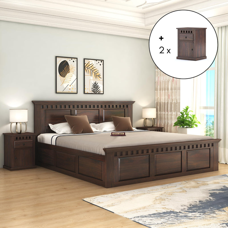 Kuber Solid Sheesham Wood King Size Bed with Box Storage & 2 Bedside Tables - Walnut Finish