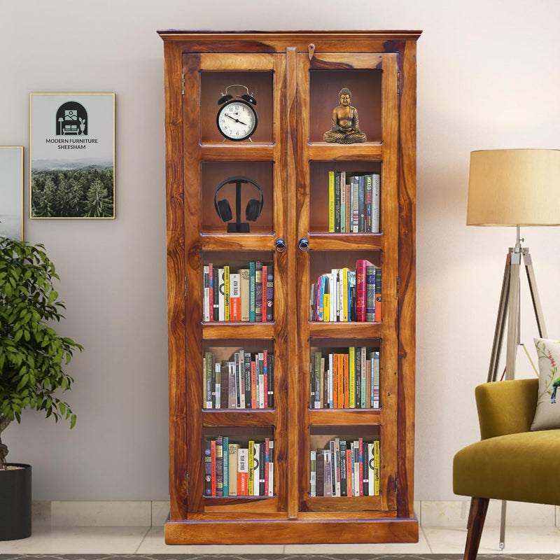 Vista Solid Wood Bookshelf With Glass Door Office & Living Room - Natural Finish