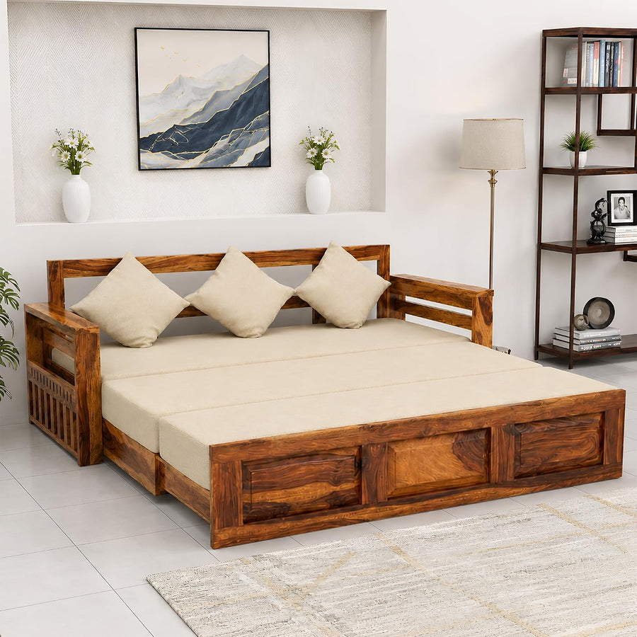 Regal Solid Sheesham Wood Sofa Cum Bed - Natural Finish