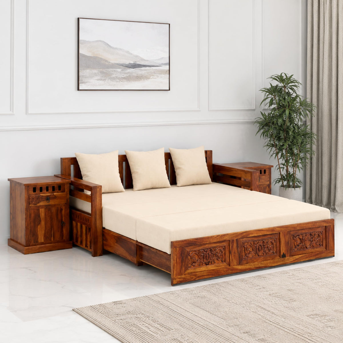 Maharaja With Bedside Solid Sheesham Wood Sofa Cum Bed - Natural Finish