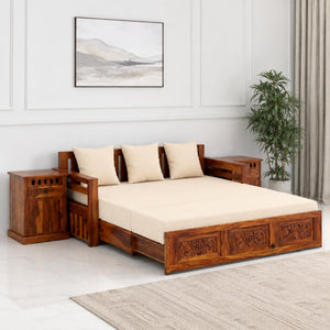 Maharaja With Bedside Solid Sheesham Wood Sofa Cum Bed - Natural Finish