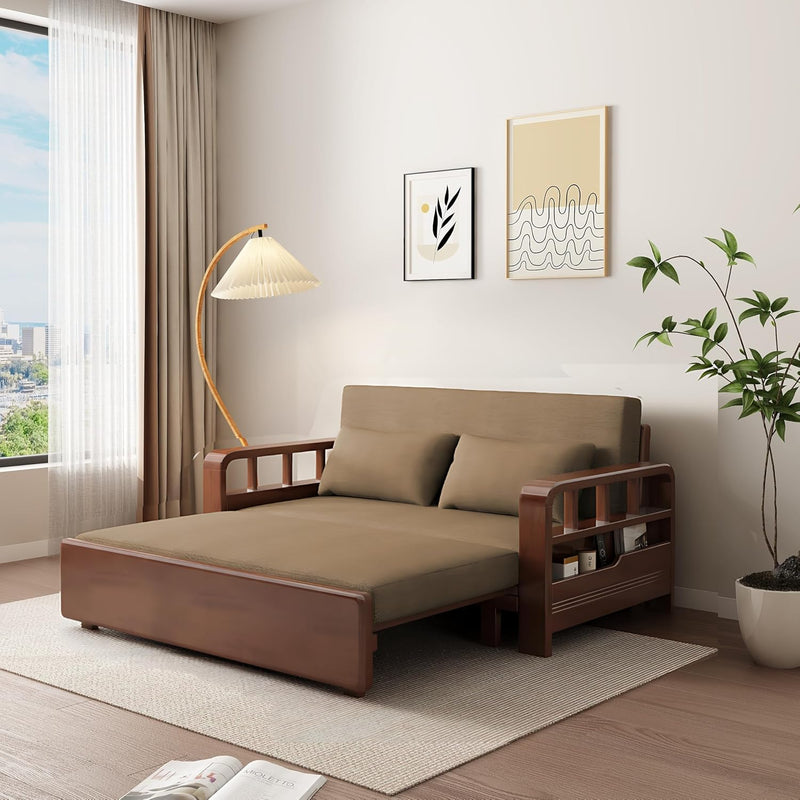 Relaxio Wooden 3 Seater Sofa Cum Bed with Storage - Oak Wood - Coffee Cushion