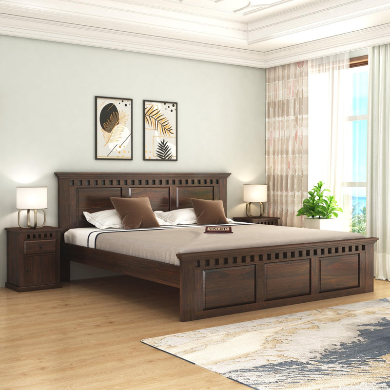 Kuber Solid Sheesham Wood Queen Size Bed without Storage - Walnut Finish