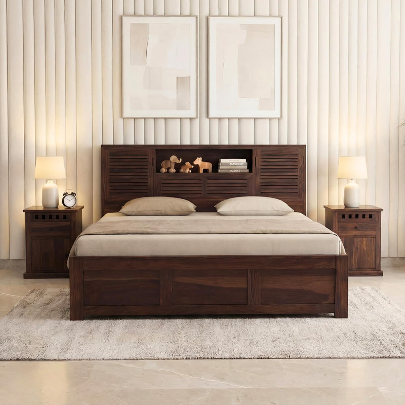 Urban Solid Sheesham Wood King Size Bed with Box Storage - Walnut Finish