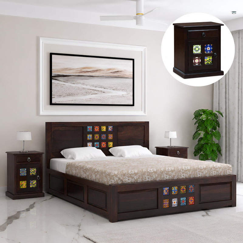 Taurus Solid Sheesham Wood King Size Bed with Box Storage & 2 Bedside Tables - Walnut Finish