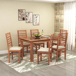 Luxe Solid Sheesham Wood Dining Table 6 Seater Dining Table Set, Glass Top Dinner Table Set - Natural Finish