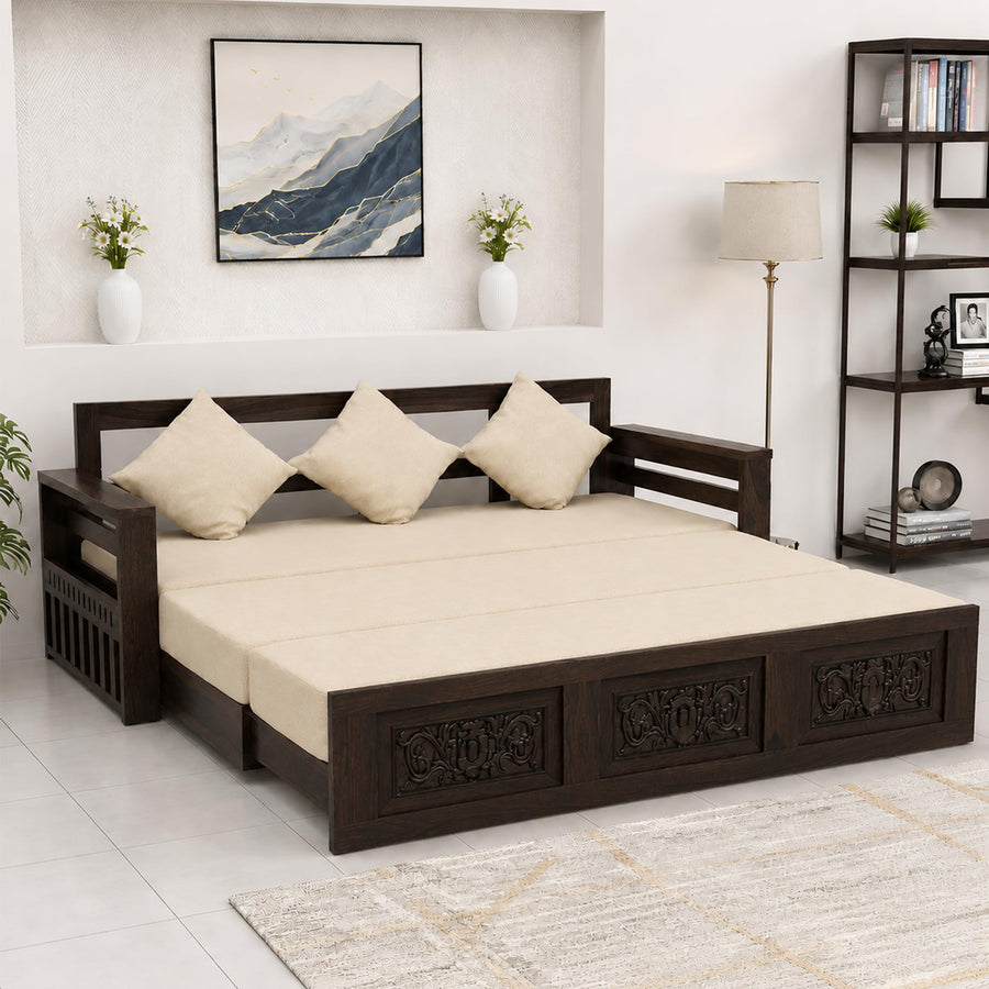 Maharaja Solid Sheesham Wood Sofa Cum Bed - Walnut Finish