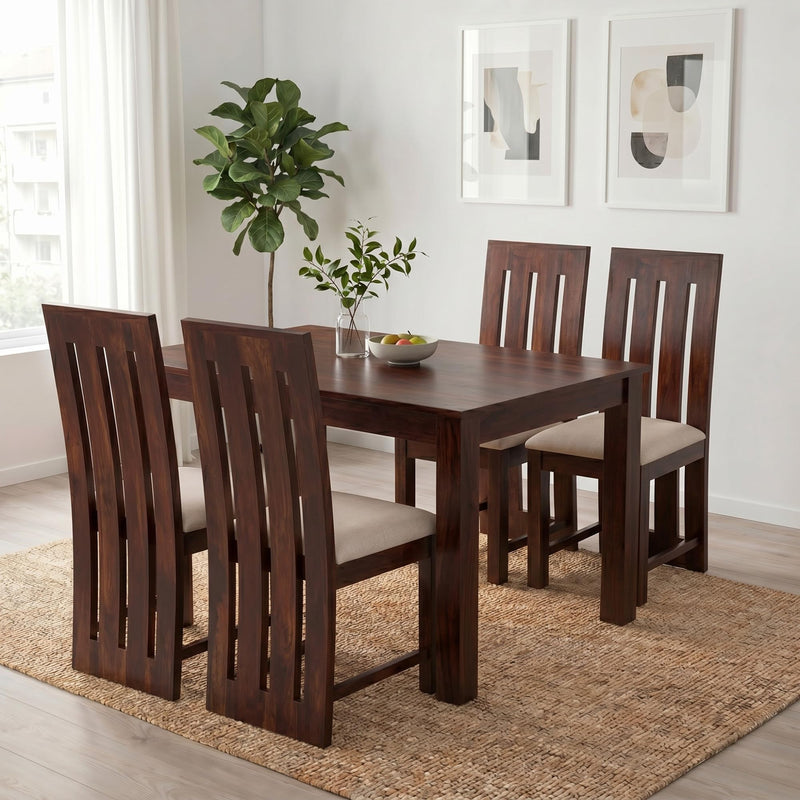 Poster Cushion Solid Sheesham Wood 6 Seater Dining Table Set - Walnut Finish