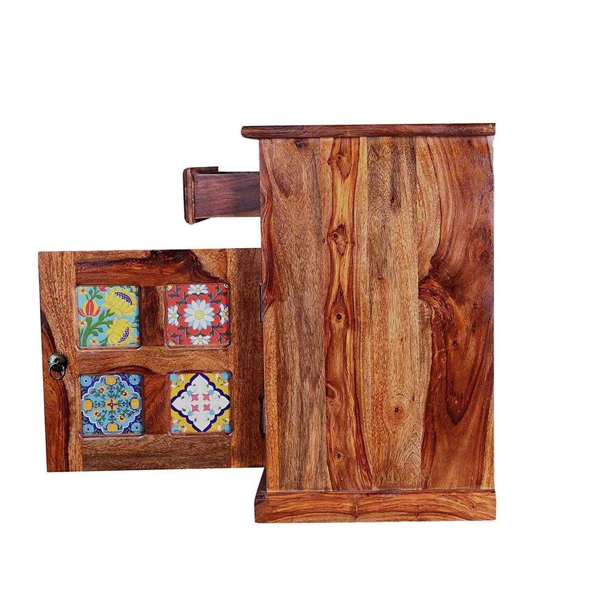 Tile Natural_2 Solid Sheesham Wood Bedside Table in natural finish - drawer detail