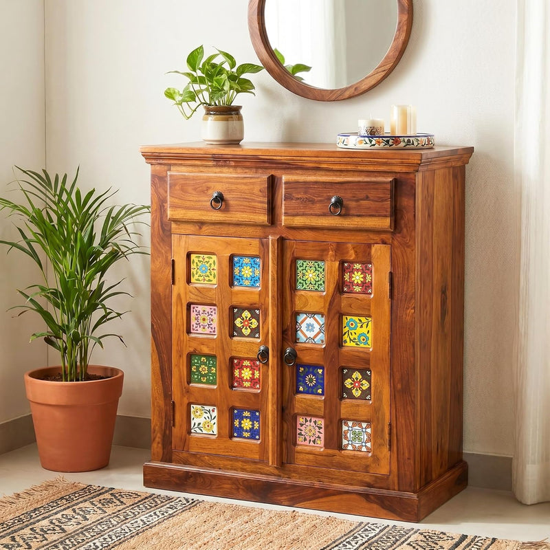 Small Tile Wooden Sideboard Tv Cabinet for Living Room Finish - Natural