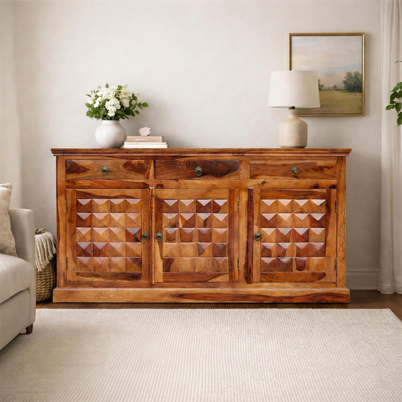 Diamond Solid Sheesham Wood Sideboard Cabinet for Living Room - Natural Finish