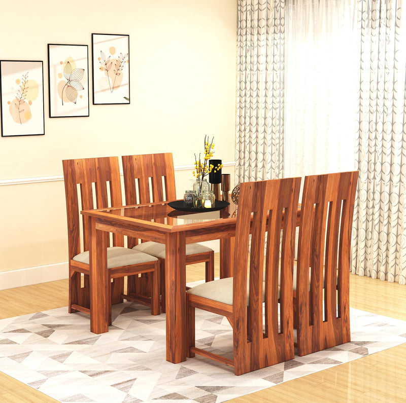 Poster Solid Sheesham Wood Dining Table 4 Seater Dining Table Set with 4 Cushion Chairs & Glass Top - Natural Finish