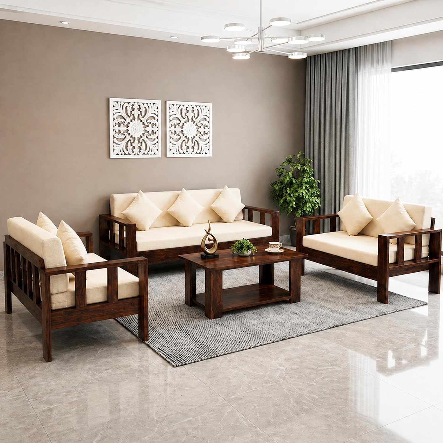 Natraj 7 Seater Solid Sheesham Wood Sofa Set for Living Room - Walnut Finish