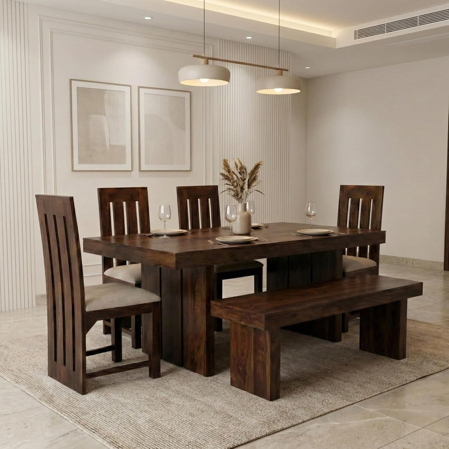 Wooden Dining Table Set 6 Seater 1 Bench with Cushion Chair  Finish - Walnut