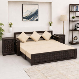 Diamond With Bedside Solid Sheesham Wood Sofa Cum Bed - Walnut Finish