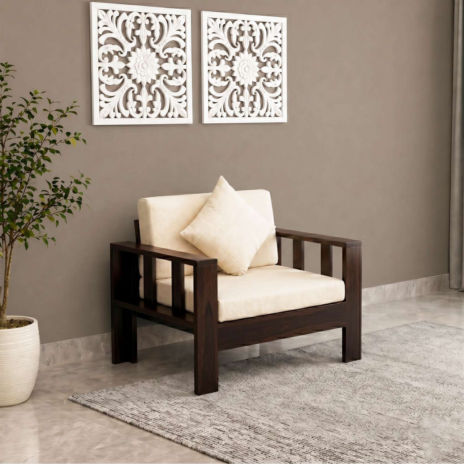 Natraj Solid Sheesham Wood Sofa | Single Seater Sofa with Cushion Seat - Walnut