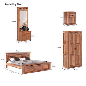 Kuber King Size Bed without Storage, Wardrobe, Dressing Table & Two Bedside Tables  - Natural Finish