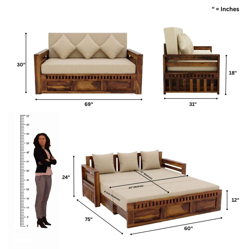 Kuber With Bedside Solid Sheesham Wood Sofa Cum Bed - Natural Finish