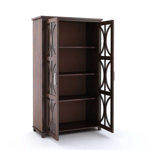 Cross X Bookshelf Cabinet with Glass Door for Kitchen & Living Room - Walnut Finish