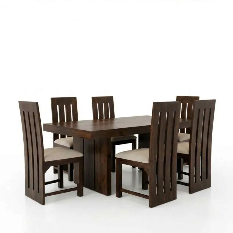 Poster Solid Sheesham Wood 6 Seater Dining Table Set - Walnut