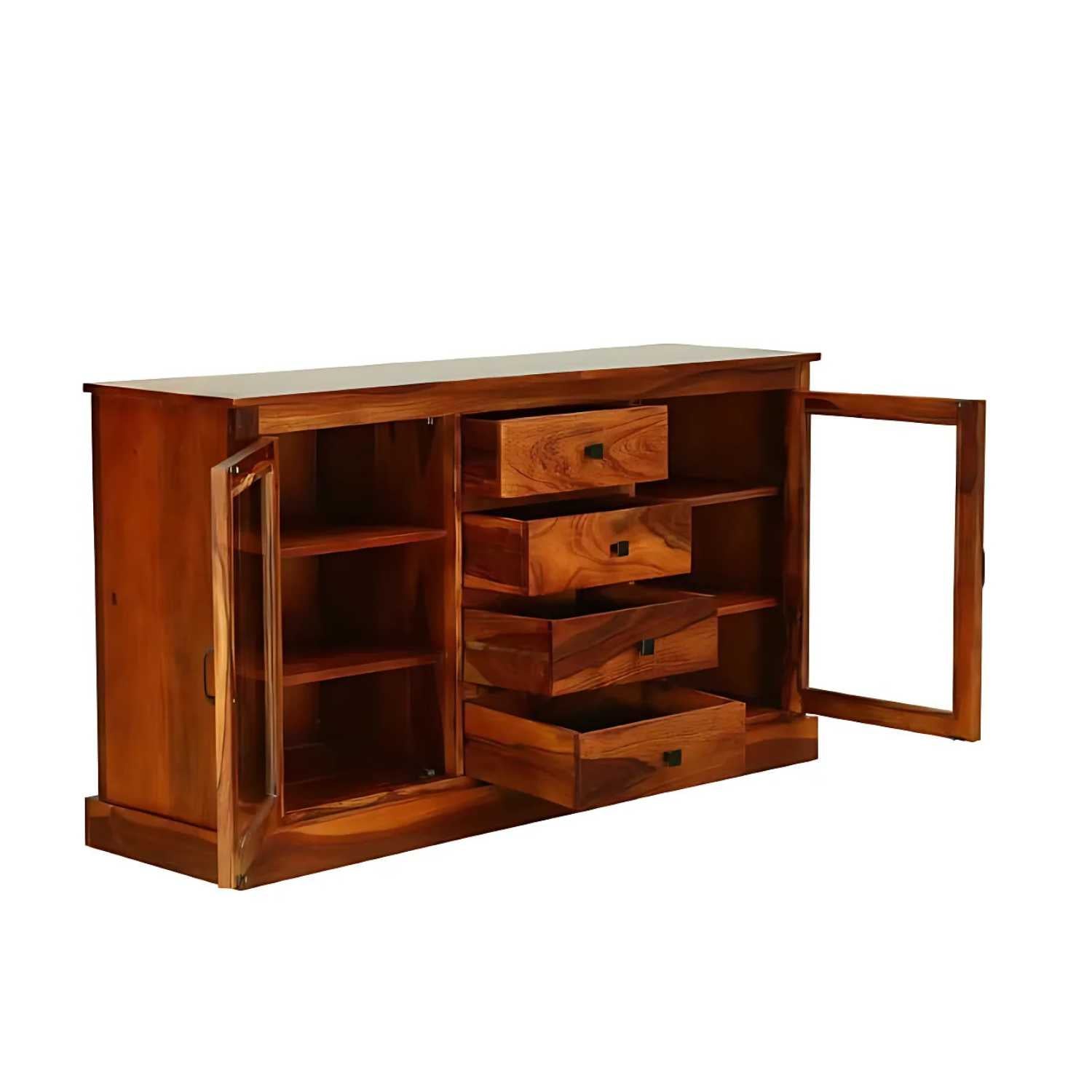 Wooden Glass Sideboard Cabinet Finish - Honey
