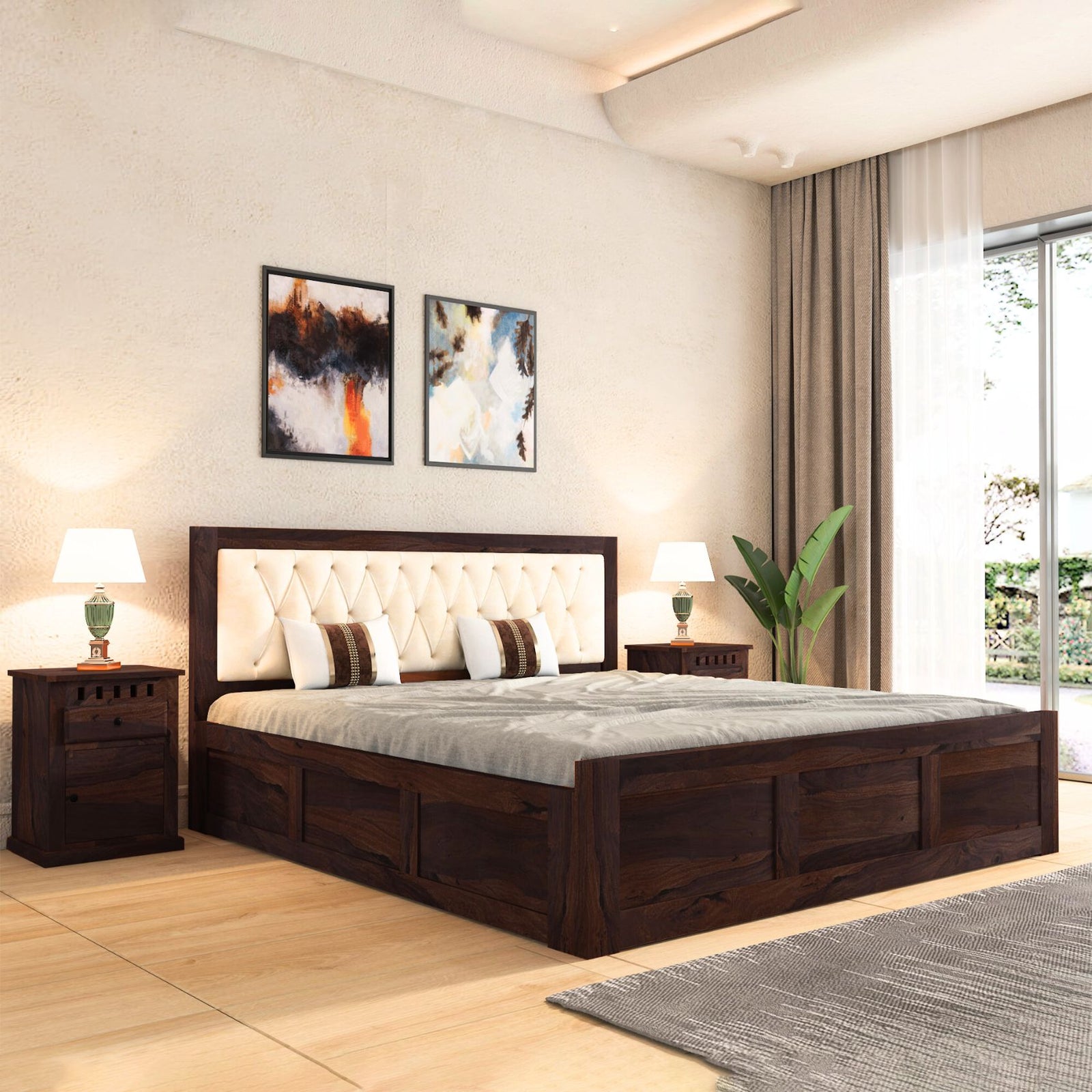 Zeus Solid Sheesham Wood Upholstered Bed King Size with Box Storage - Walnut Finish