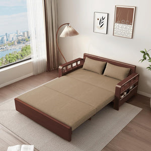 Relaxio Wooden 3 Seater Sofa Cum Bed with Storage - Oak Wood - Coffee Cushion
