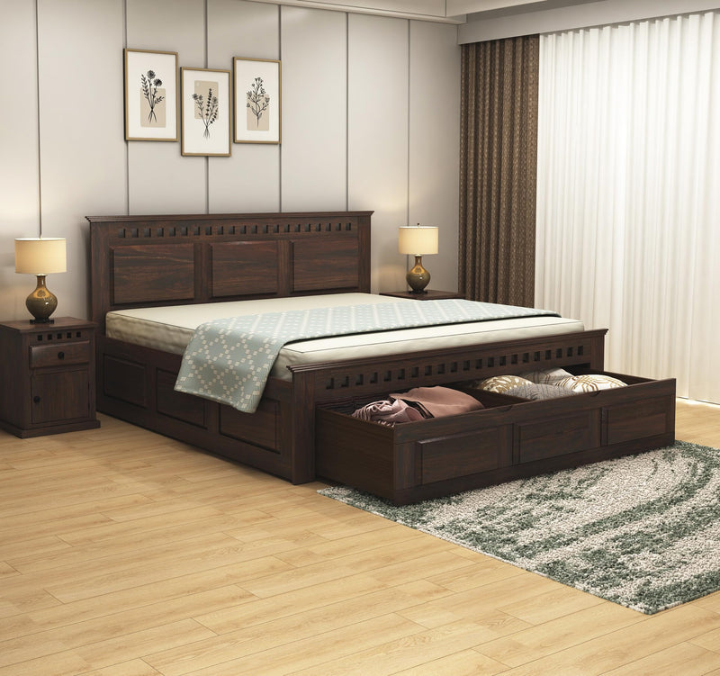 Kuber Solid Sheesham Wood Queen Size Bed with Drawer Storage - Walnut Finish