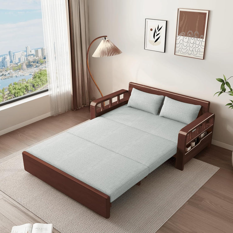 Relaxio Wooden 3 Seater Sofa Cum Bed with Storage - Oak Wood - Grey Cushion