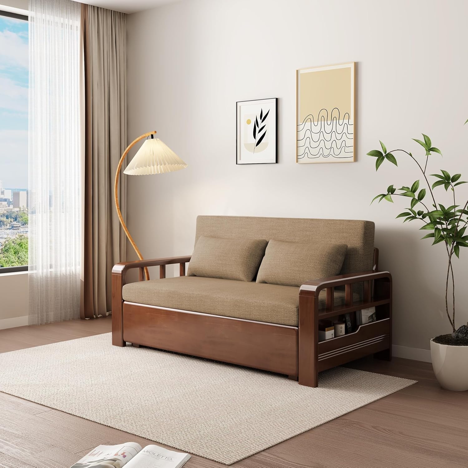 Relaxio Wooden 3 Seater Sofa Cum Bed with Storage - Oak Wood - Coffee Cushion