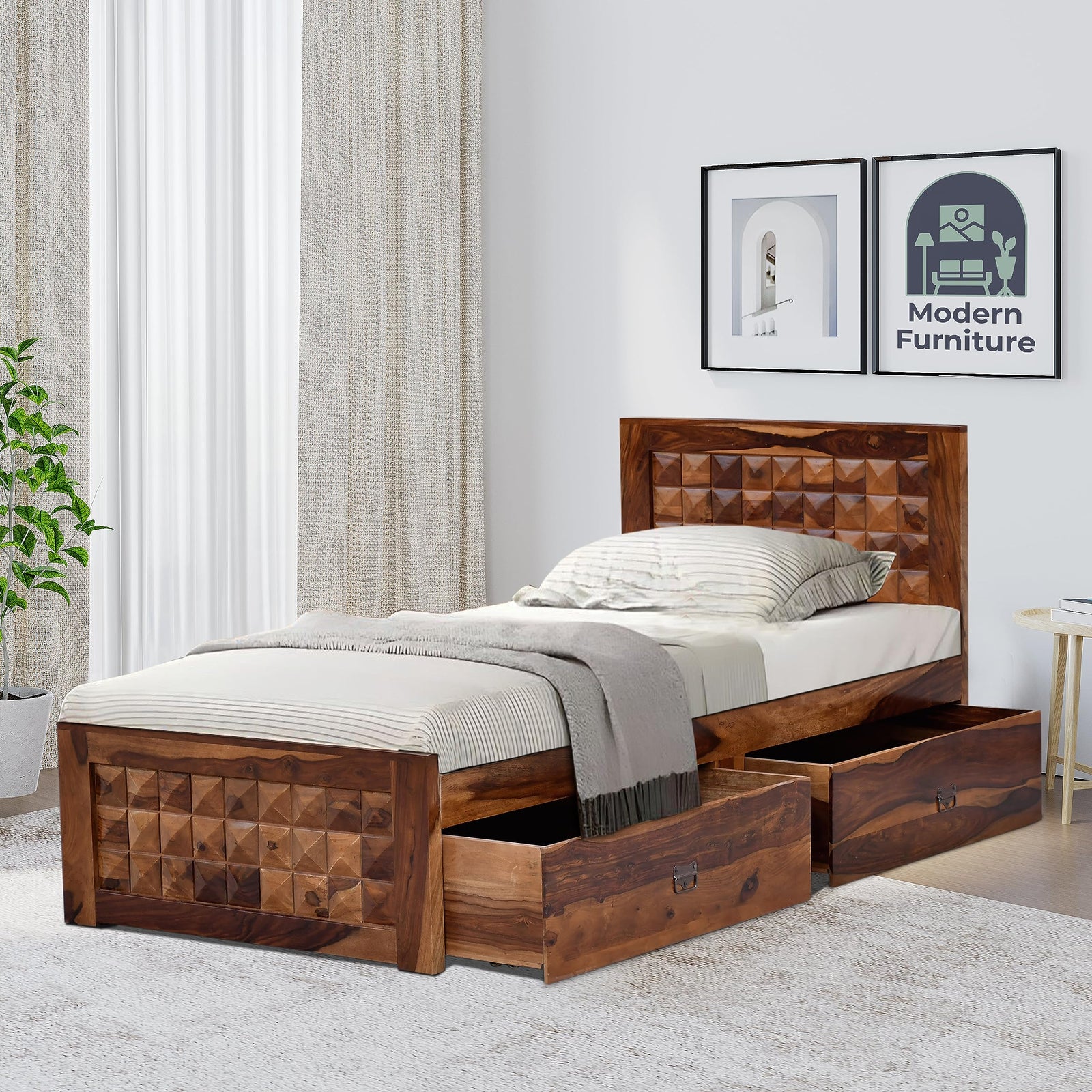 Wooden Single Bed with Two Drawer Storage for Bedroom Furniture Wooden Bed Single Size Palang Honey Finish