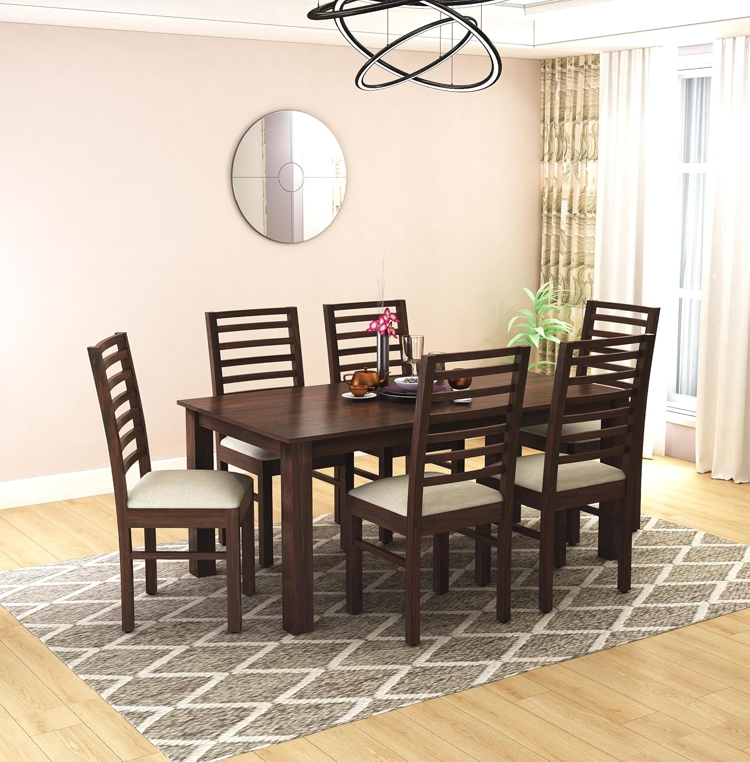 Luxe Solid Wood dining Table Set 6 Seater with Cushion Chair - Walnut Finish